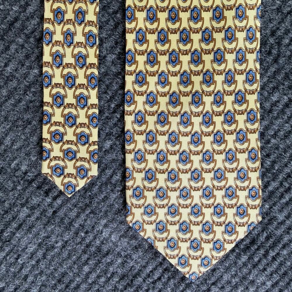 Valentino Rudy Italy Men’s 100% Silk Yellow Blue Brown Geometric Necktie